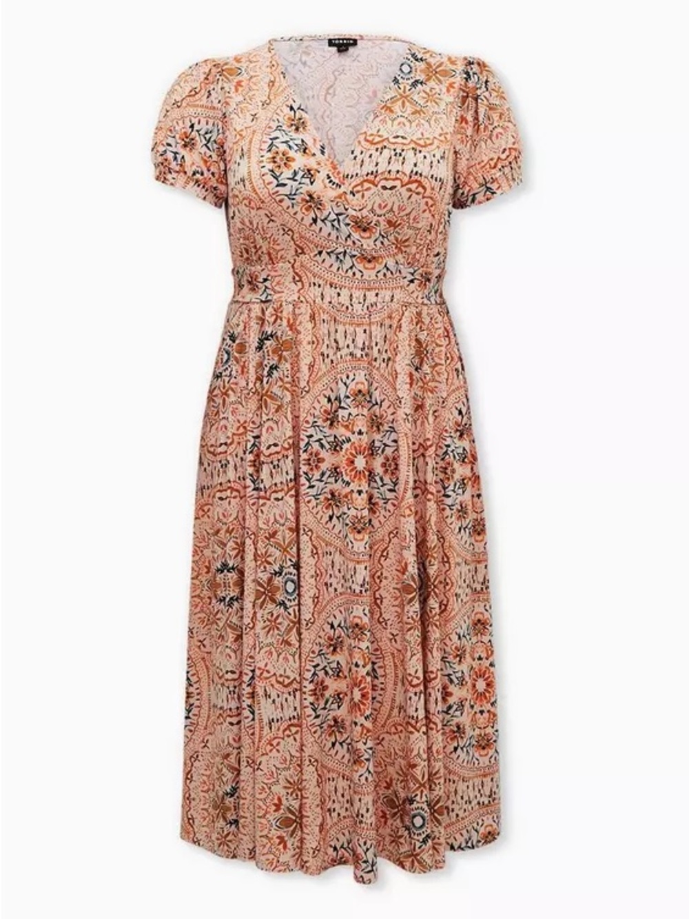 NWT Torrid Peach Medallion Studio Knit Puff Sleeve Skater Midi Dress 2X
